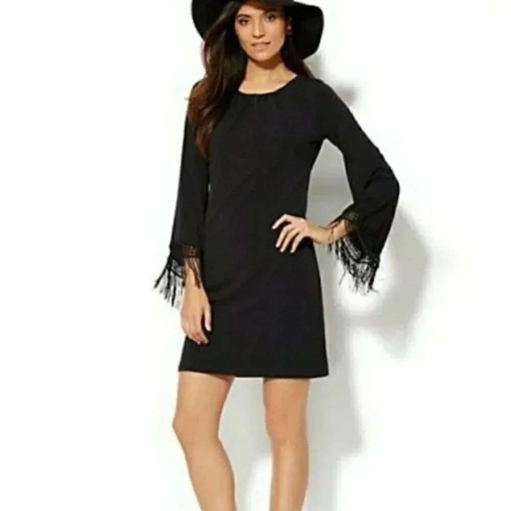 Black Witchy Boho Black Dress Crochet Fringe Sleeve Solid Black Dress